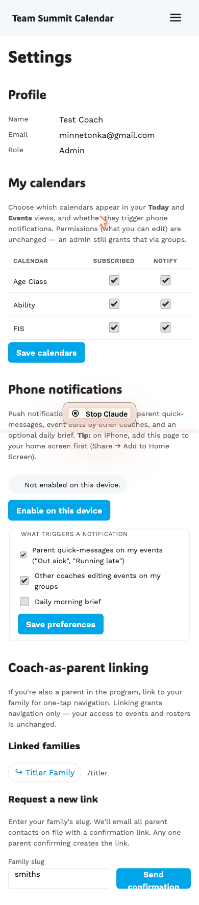 The My calendars table with subscribe + notify checkboxes