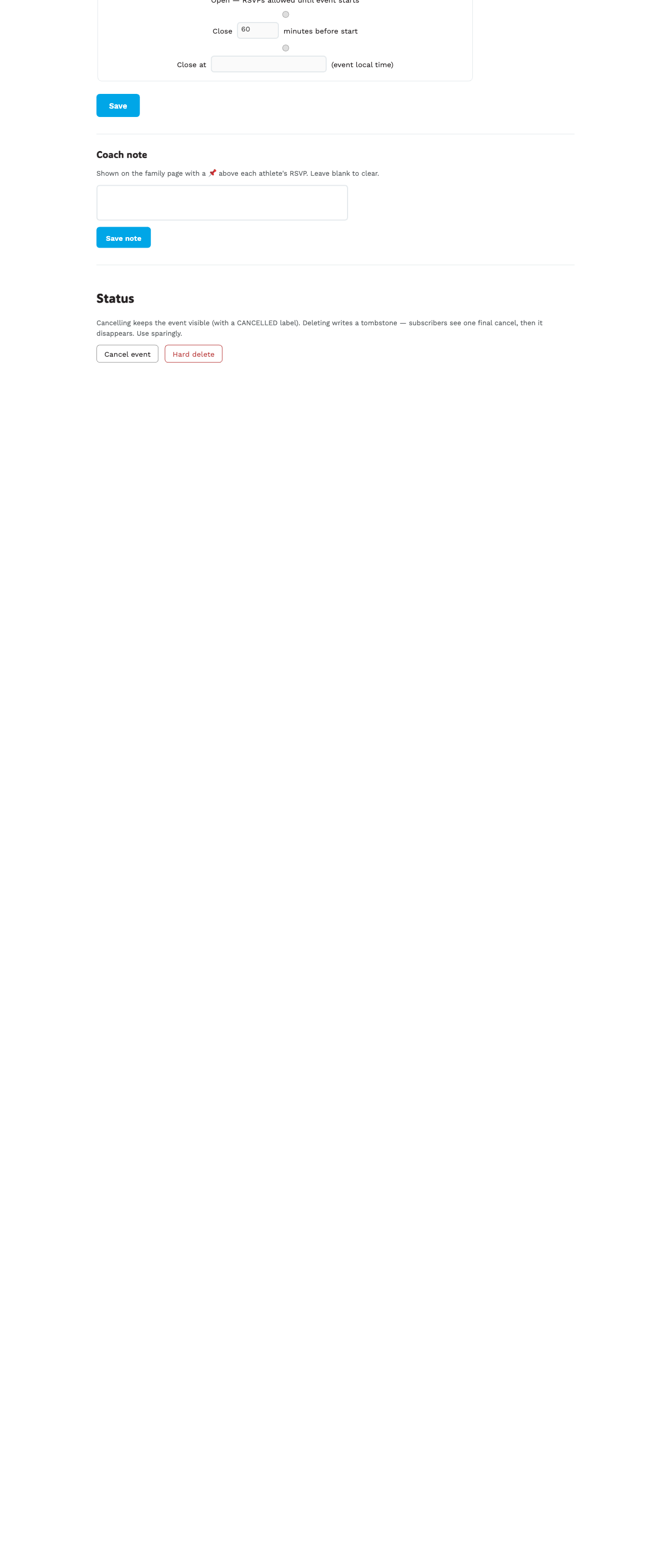Bottom of the edit-event page with cancel / un-cancel / delete buttons