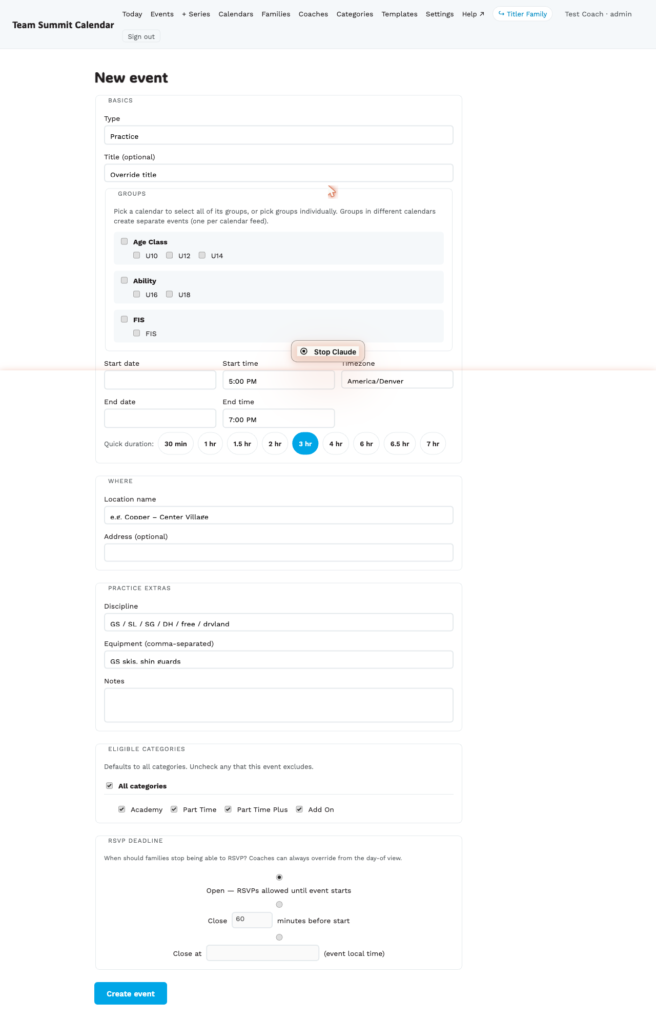 The full new-event form