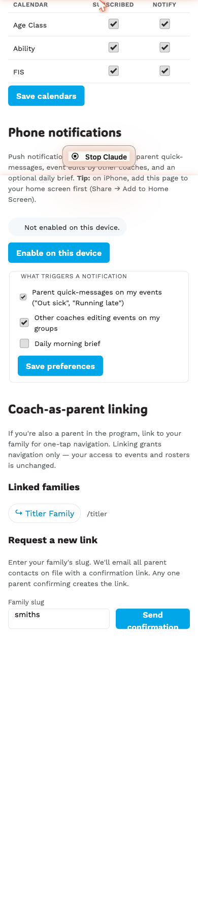 The phone-push section of /coach/settings