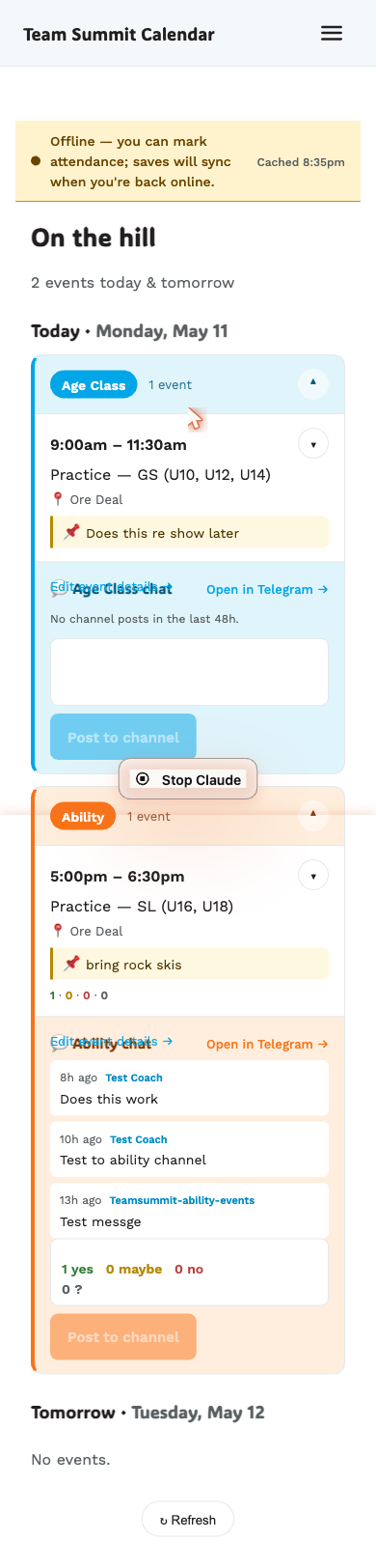 Offline banner with an event showing pending attendance writes